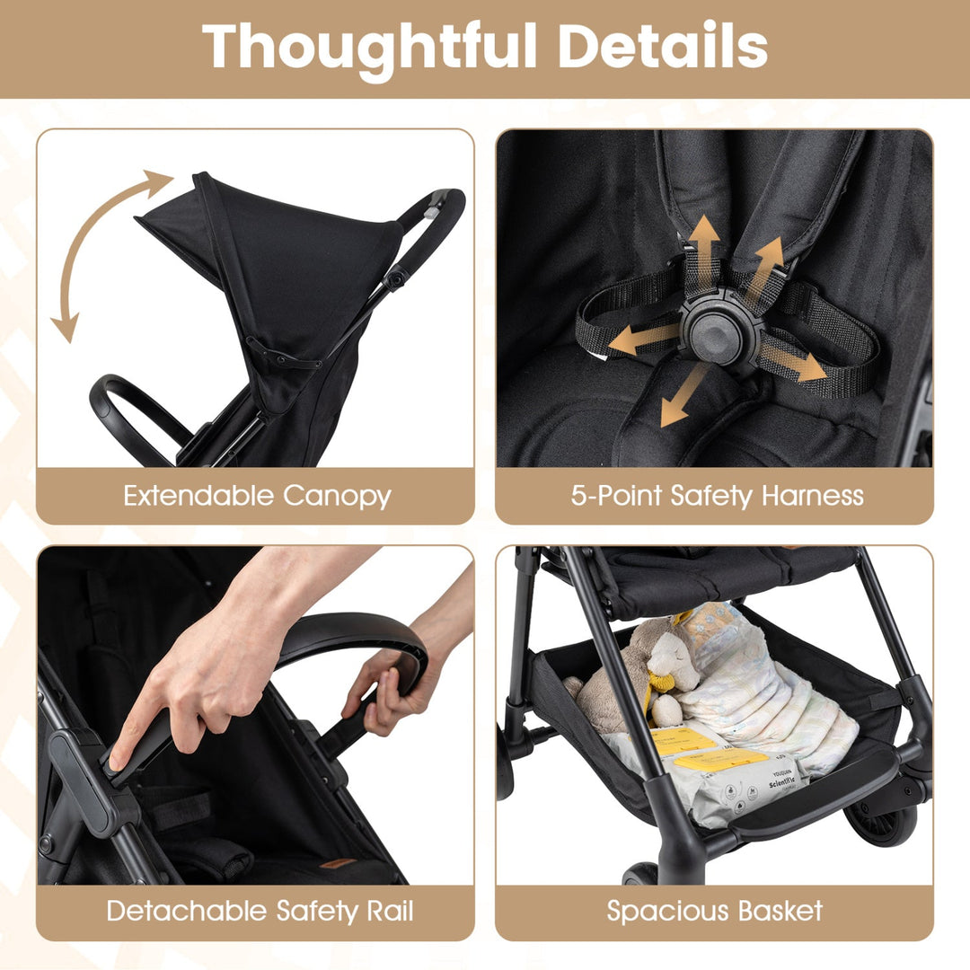 Lightweight Travel Stroller with Canopy and Storage Basket