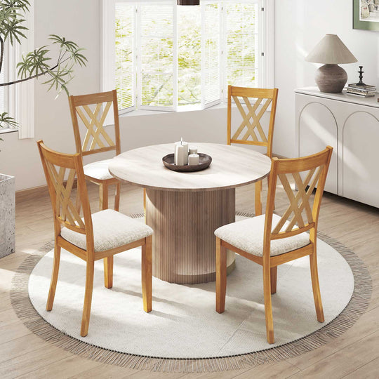 Linen Fabric Upholstered Wooden Dining Chair Set of 2 with Rubber Wood Frame for Dining Room