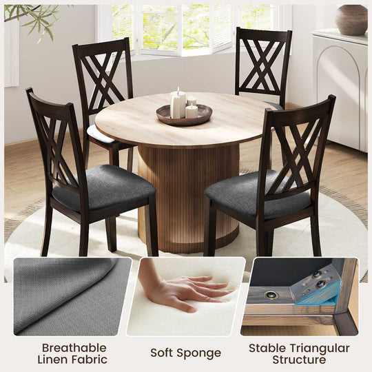 Linen Fabric Upholstered Wooden Dining Chair Set of 4 with Rubber Wood Frame for Dining Room