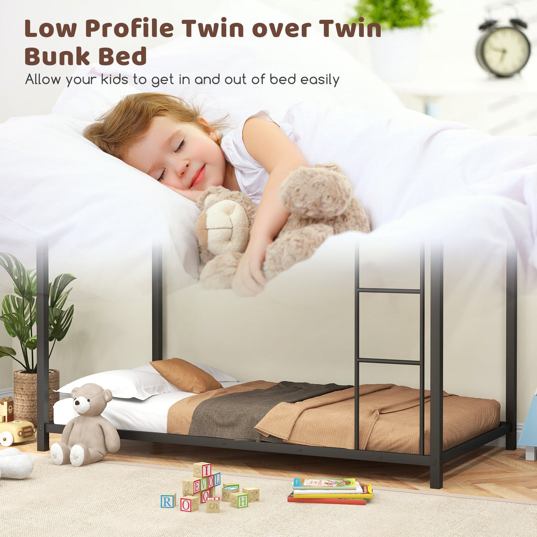 Low Profile Twin Over Twin Metal Bunk Bed with Full-length Guardrails