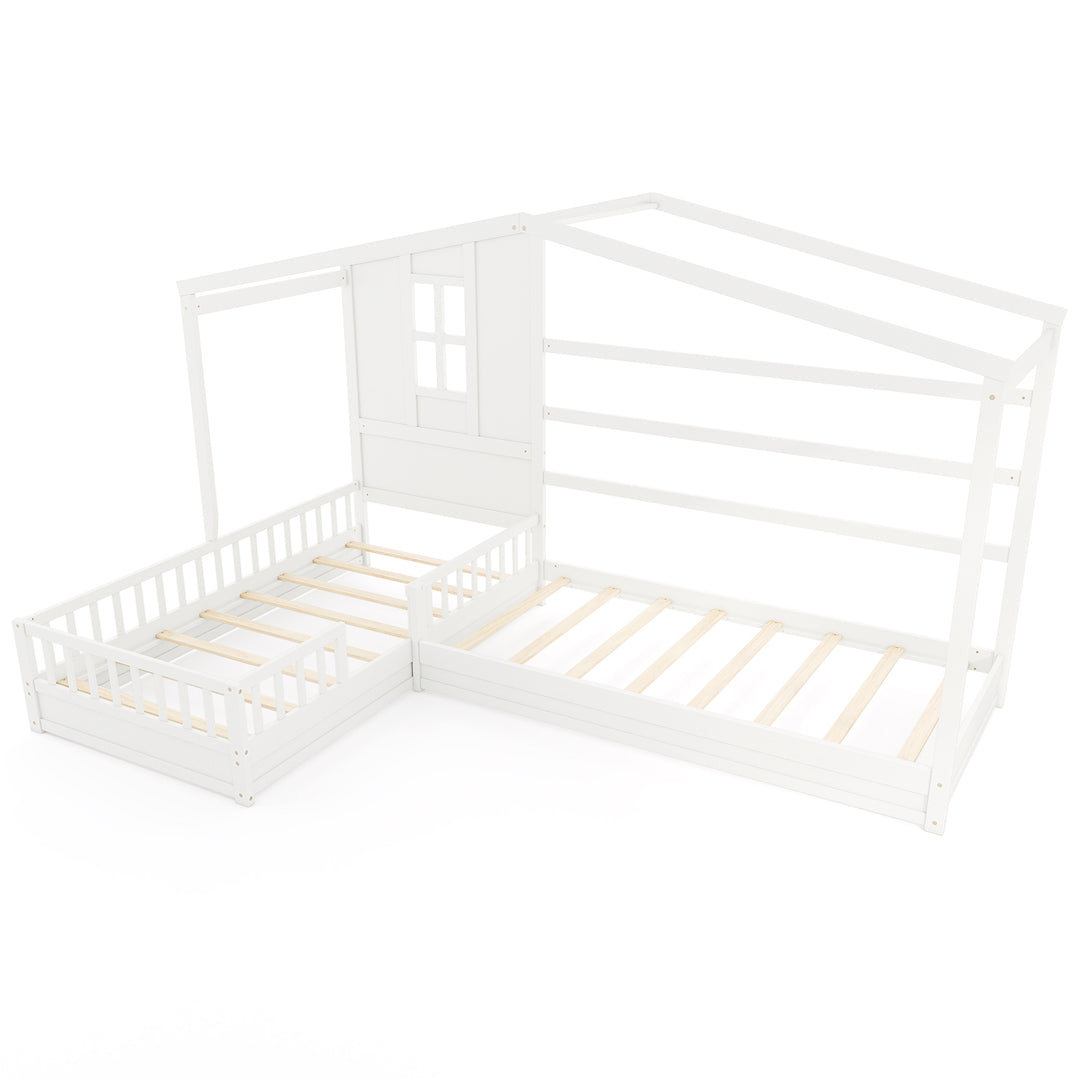 L-shaped Double Twin Beds House Platform Beds with Fences Corner Bed Frame-White