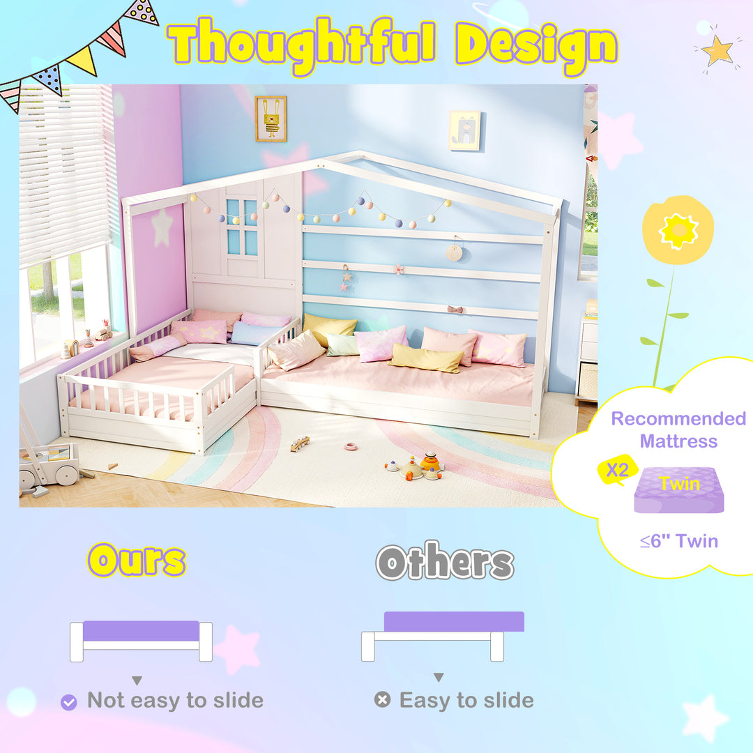 L-shaped Double Twin Beds House Platform Beds with Fences Corner Bed Frame-White