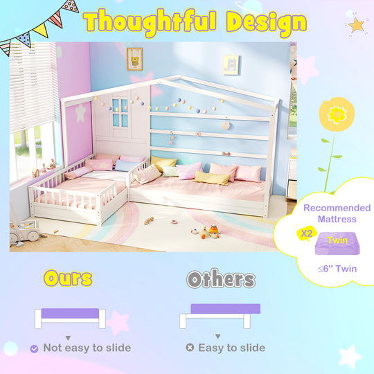 L-shaped Double Twin Beds House Platform Beds with Fences Corner Bed Frame-White