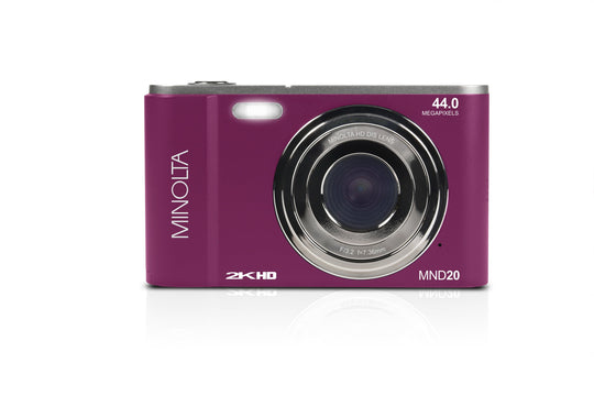 Minolta 44 MP Digital Camera with 2.7K Quad HD Video & 16x Digital Zoom - Magenta - back view with screen