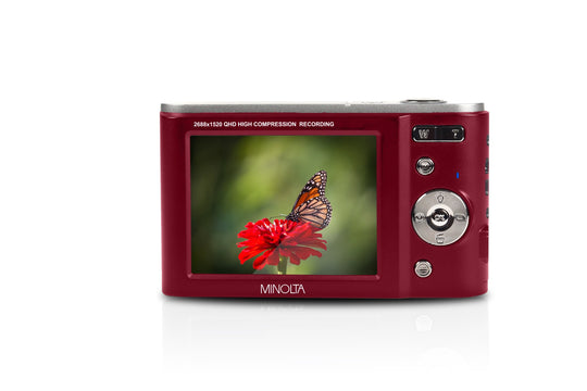 Minolta 44 MP Digital Camera with 2.7K Quad HD Video & 16x Digital Zoom - Red - angled view