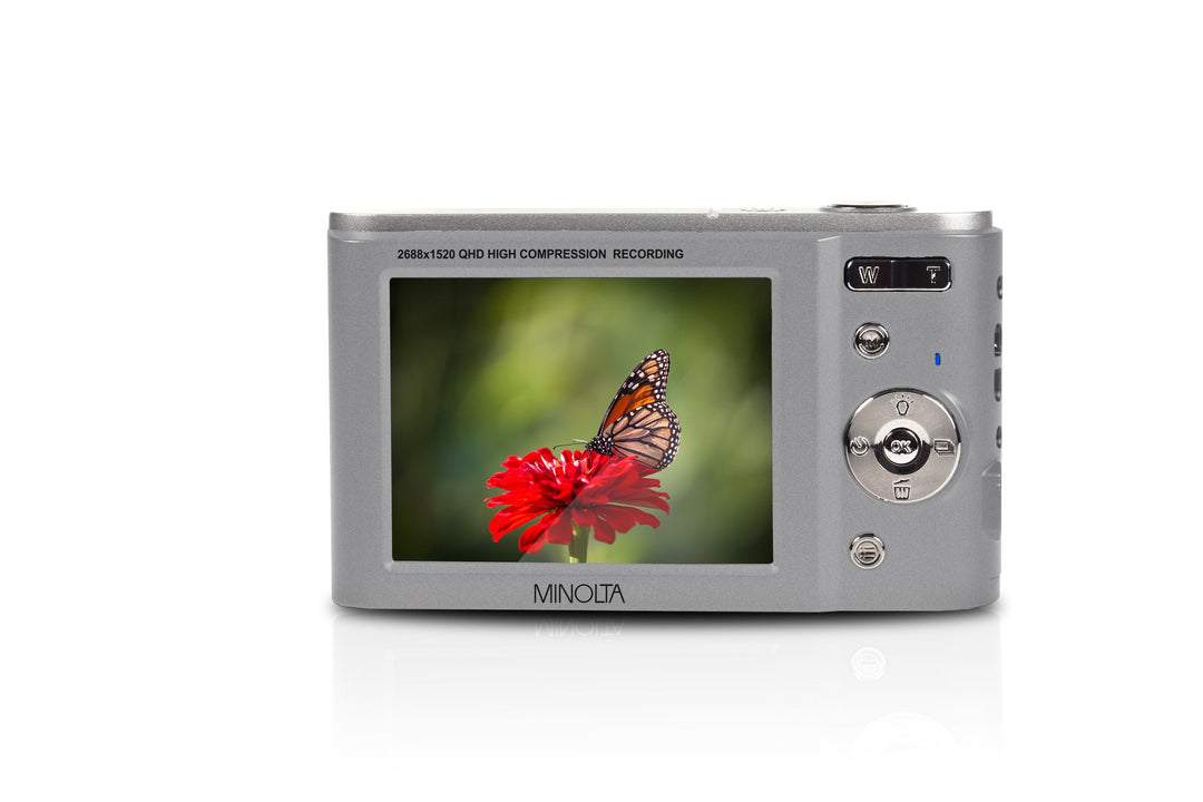 Minolta 44 MP Digital Camera with 2.7K Quad HD Video & 16x Digital Zoom - Silver - angled view