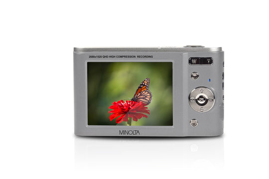 Minolta 44 MP Digital Camera with 2.7K Quad HD Video & 16x Digital Zoom - Silver - angled view