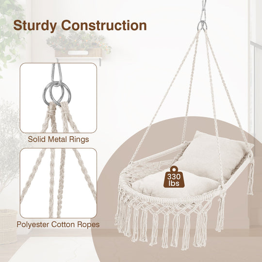 Macrame Swing Chair Hammock Chair with 2 Removable Cushions
