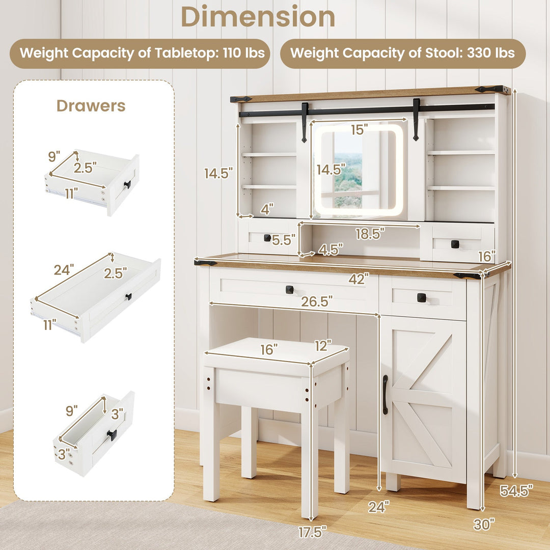 Makeup Vanity Desk with Mirror and 3-Color Dimmable LED Lights-White