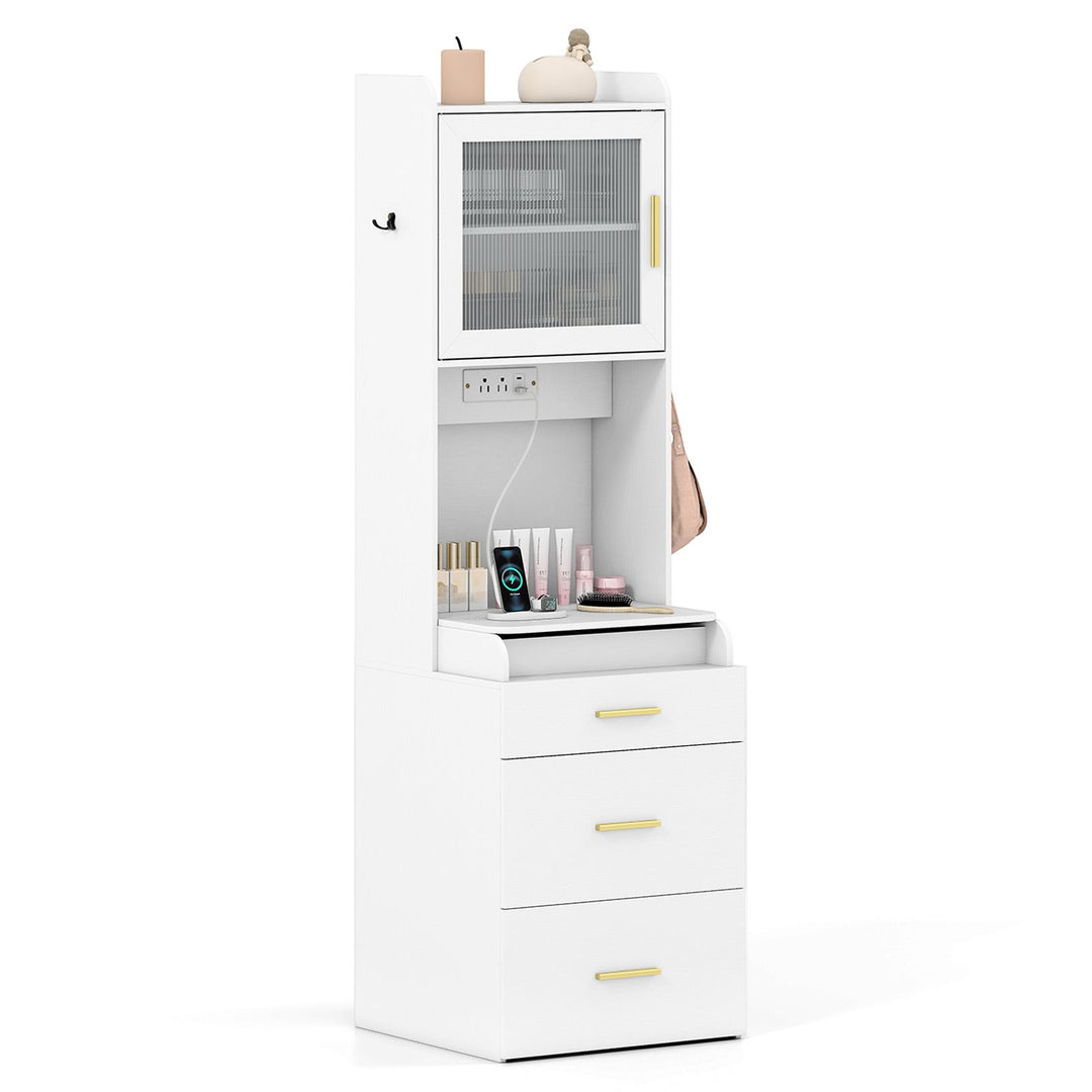 Makeup Vanity with Power Outlets and Flip-top Mirror and Storage Stool-White