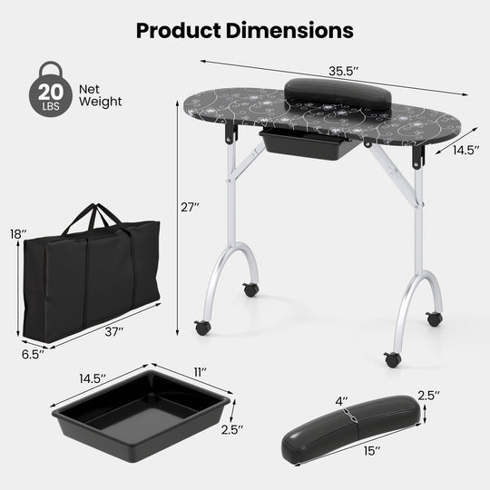 Foldable Manicure Table with Drawer and Wrist Cushion