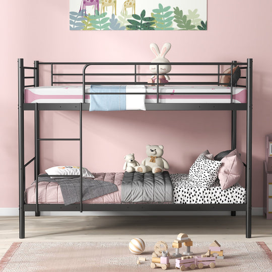 Metal Bunk Bed with Ladder and Full-length Guardrails