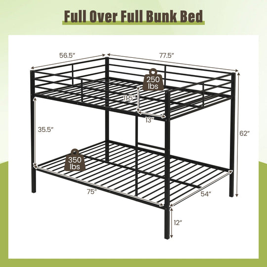 Metal Bunk Bed Full Over Full with Length Safety Guardrail-Black