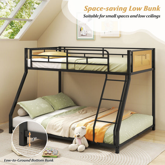 Metal Bunk Bed Twin Over Full with Full Length Safety Guardrail and Ramp Ladder