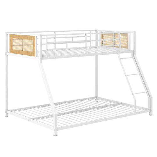 Metal Bunk Bed Twin Over Full with Full Length Safety Guardrail and Ramp Ladder