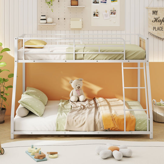 Metal Bunk Bed Twin Over Full with Full Length Safety Guardrail and Ramp Ladder