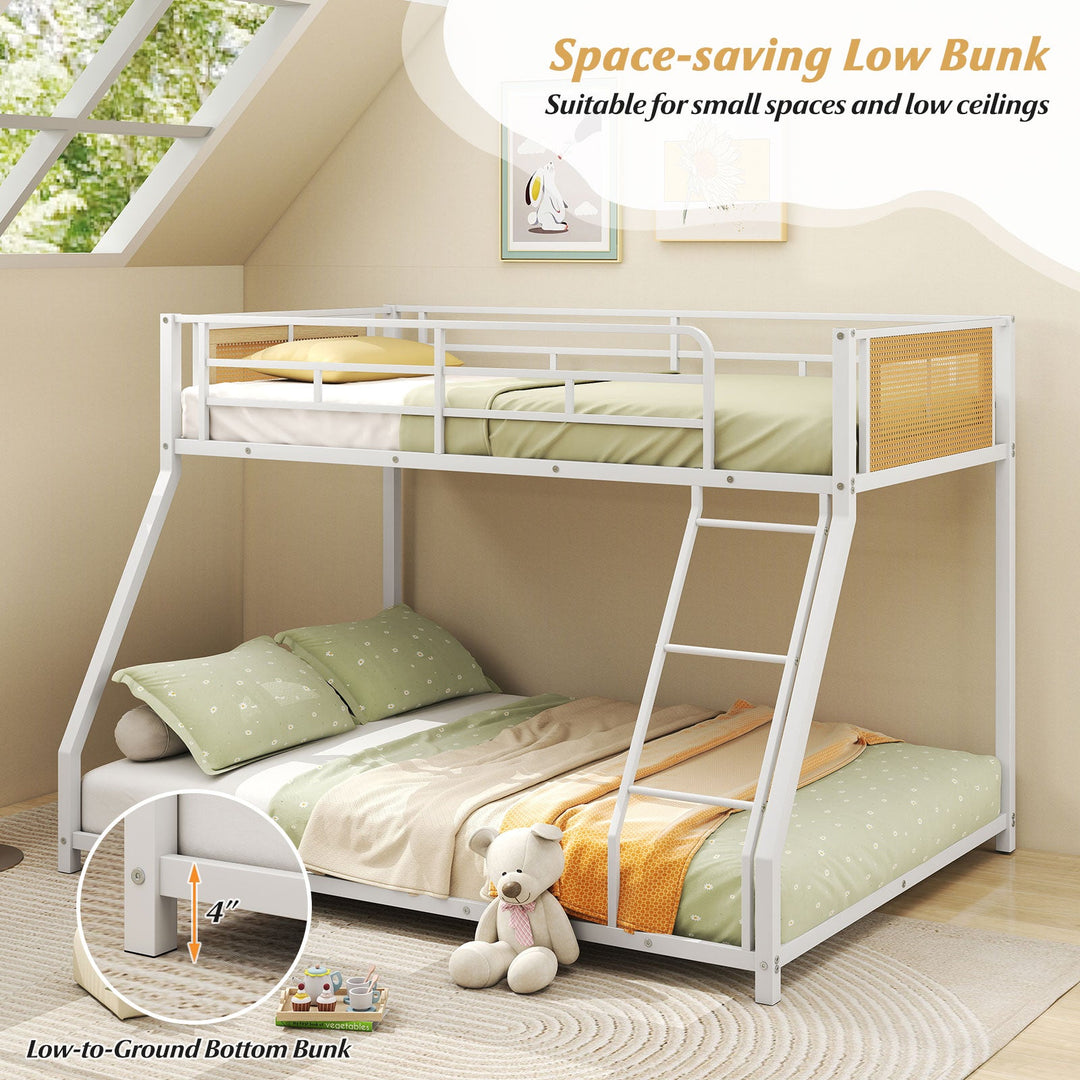 Metal Bunk Bed Twin Over Full with Full Length Safety Guardrail and Ramp Ladder