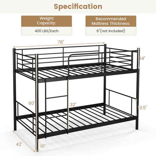 Metal Bunk Bed with Ladder and Full-length Guardrails