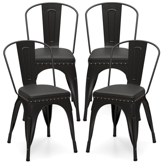 Metal Dining Chair Set of 4 Stackable Kitchen Chairs with Removable Backs and PU Leather Cushioned Seat-Black