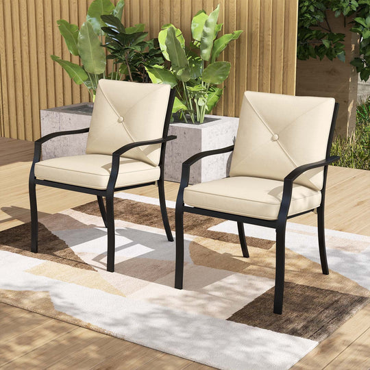Metal Outdoor Dining Chair Set of 2 Stackable Patio Chairs with Armrests-Beige
