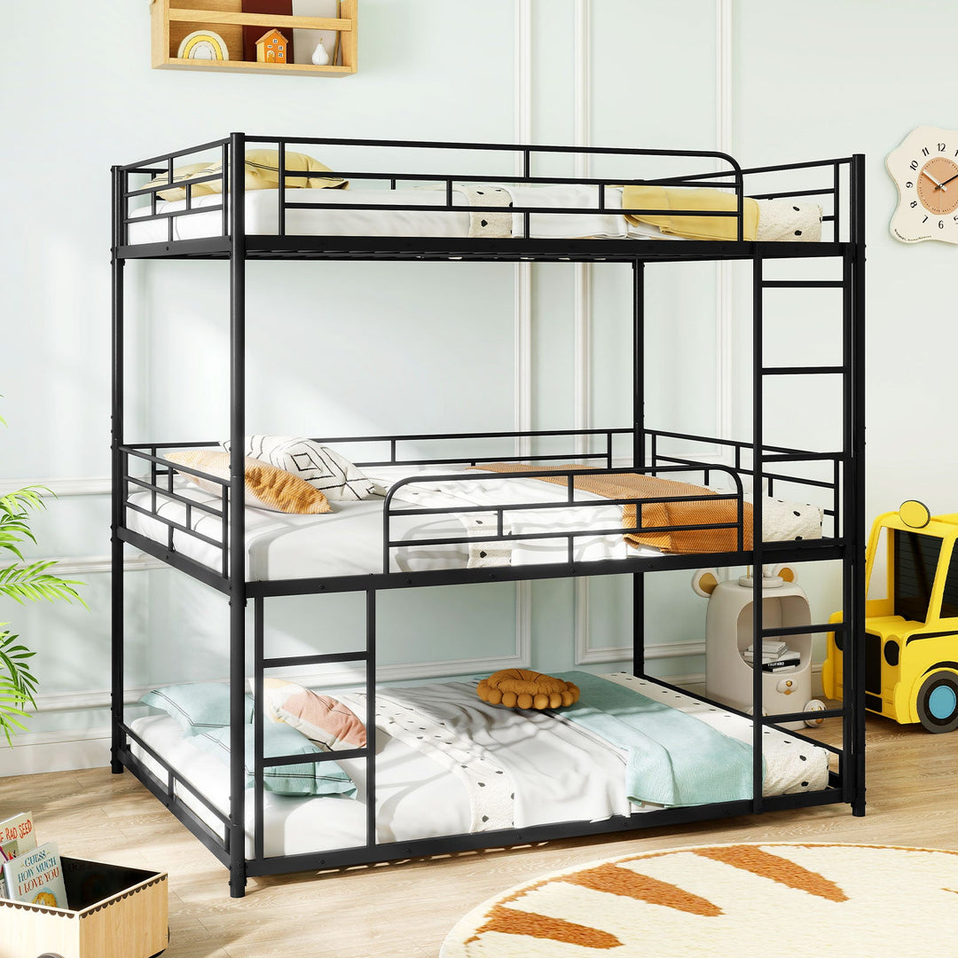 Metal Triple Bunk Bed with Safety Guardrails and 2 Ladders-Black