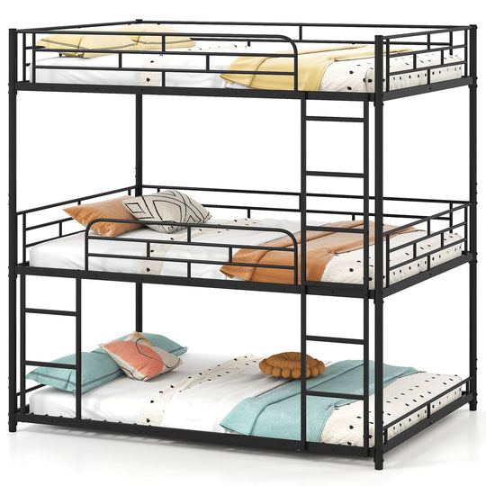 Metal Triple Bunk Bed with Safety Guardrails and 2 Ladders-Black
