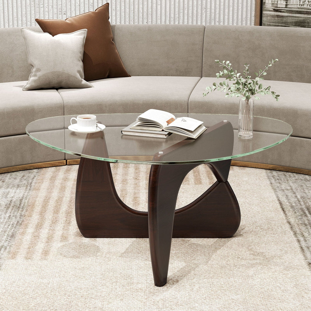 Triangle Coffee Table with Tempered Glass Top and Adjustable Rubber Wood Base