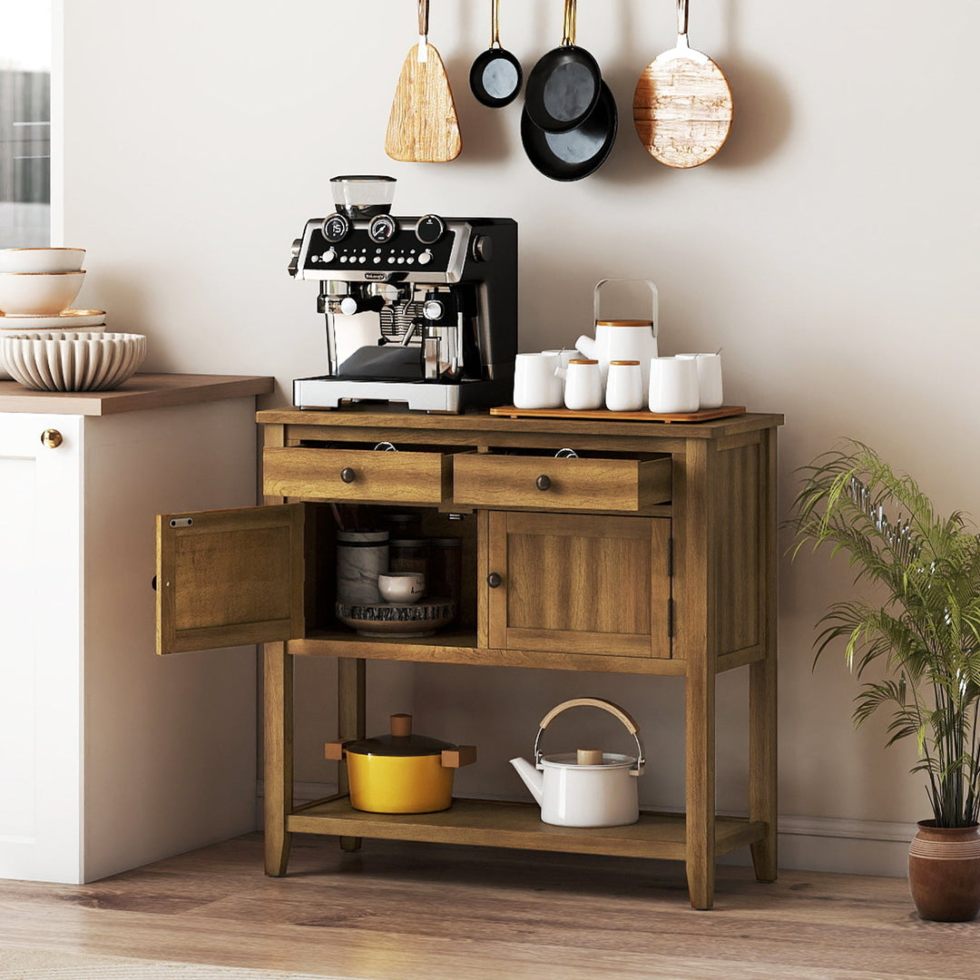 Mid-Century Console Table Wood Coffee Bar Buffet Sideboard with 2 Drawers-Walnut