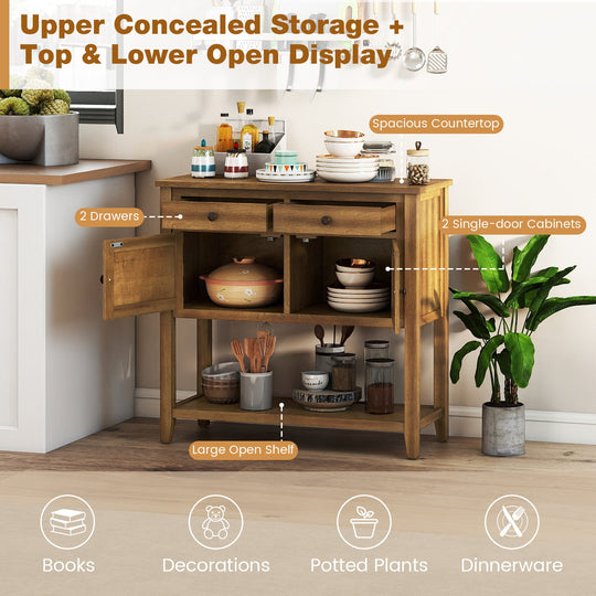 Mid-Century Console Table Wood Coffee Bar Buffet Sideboard with 2 Drawers-Walnut