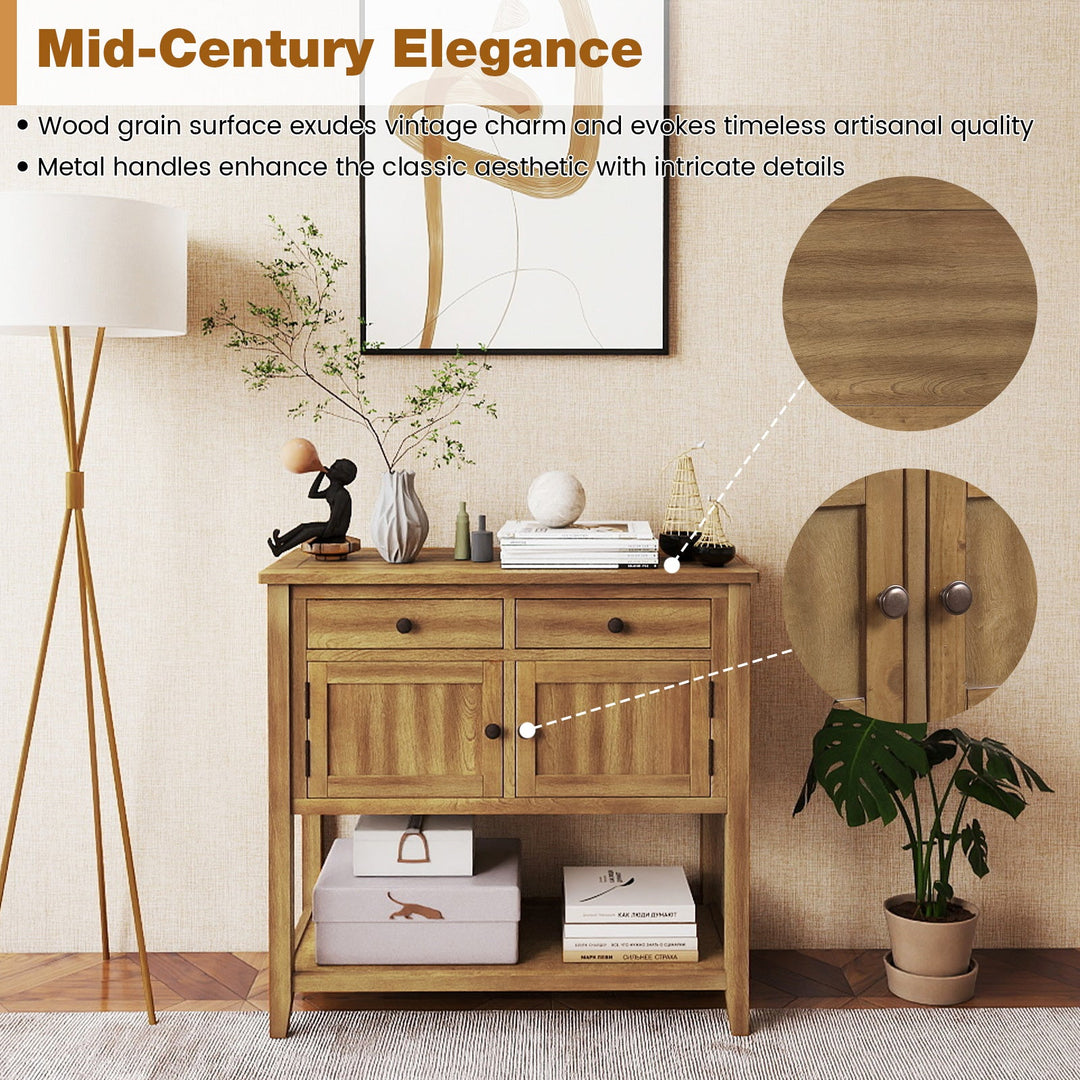 Mid-Century Console Table Wood Coffee Bar Buffet Sideboard with 2 Drawers-Walnut