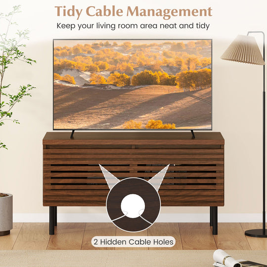 Mid Century Fluted TV Stand for 40" TV with 2 Hidden Compartments and Metal Legs-Walnut