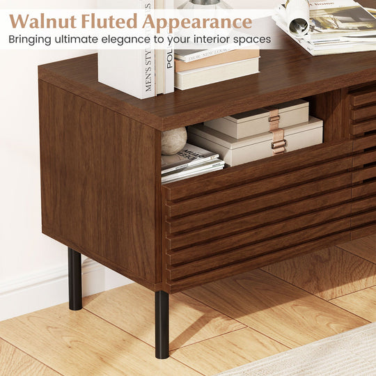 Mid Century Fluted TV Stand for 40 Inch TV Modern Entertainment Center with Open Compartment-Walnut