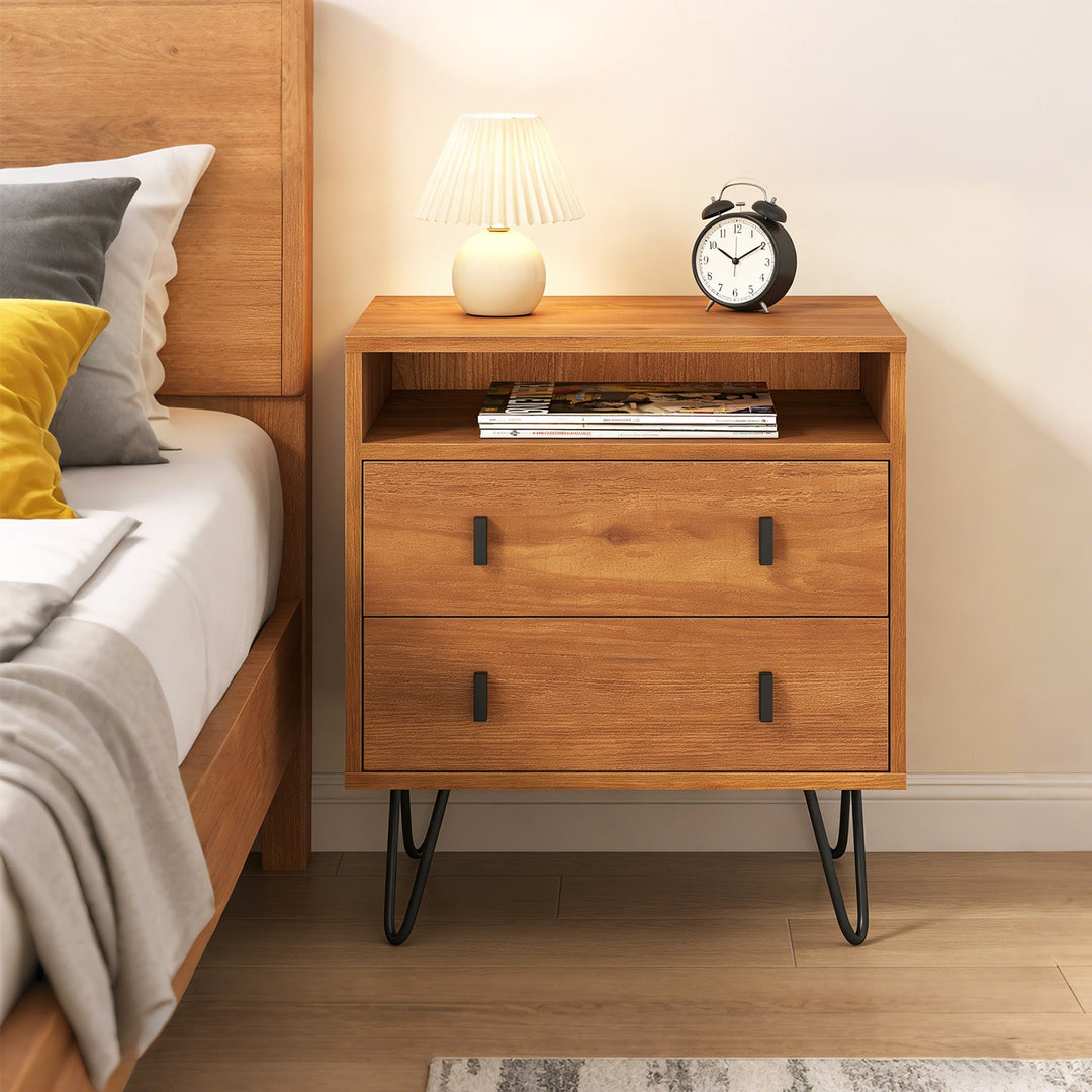 Mid Century Modern 2-Drawer Nightstand with Storage Compartment-Walnut