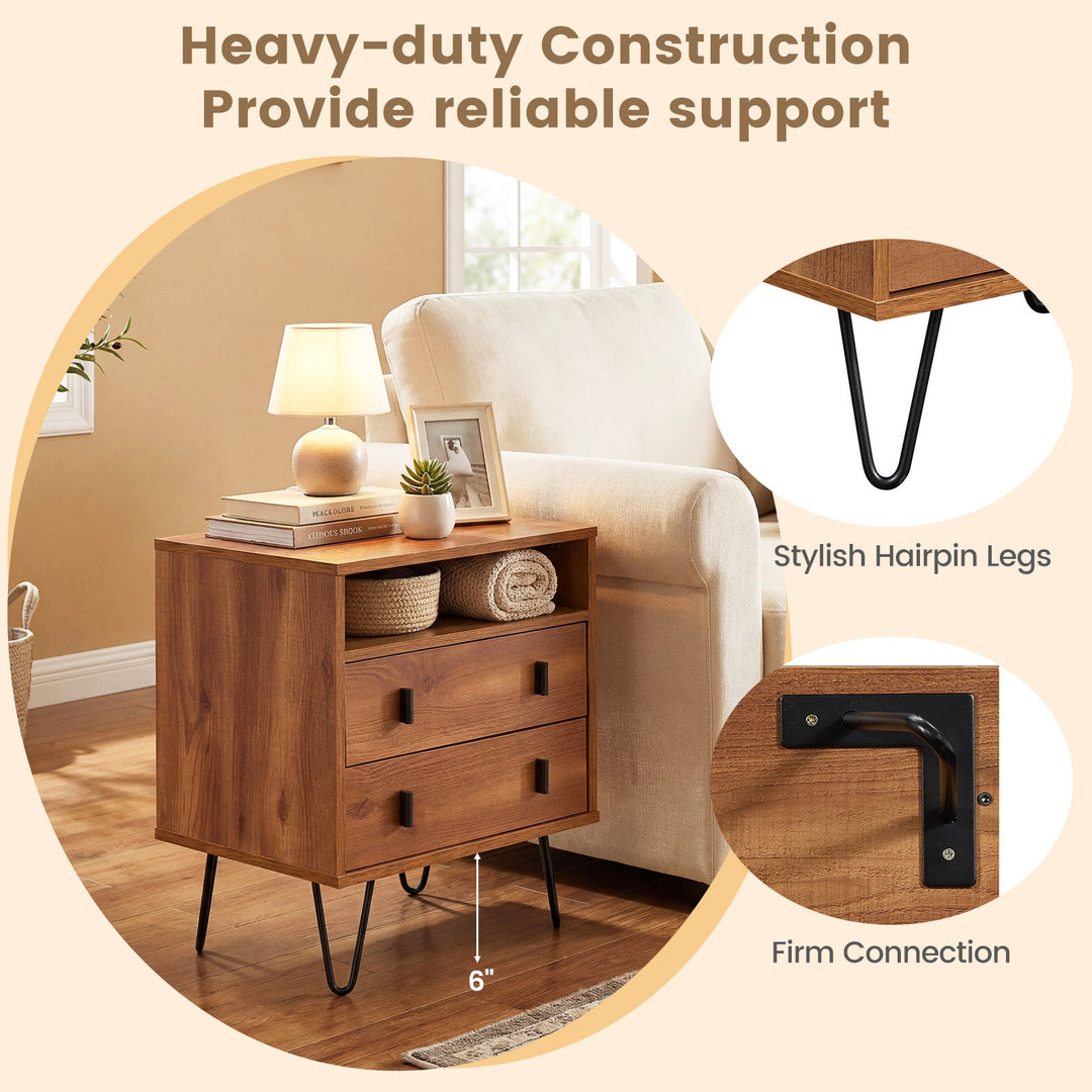 Mid Century Modern 2-Drawer Nightstand with Storage Compartment-Walnut