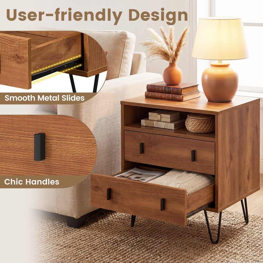 Mid Century Modern 2-Drawer Nightstand with Storage Compartment-Walnut