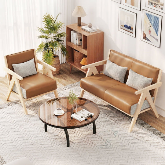 Mid-Century Modern Accent Chair Artificial Leather Sofa Chair with Rubber Wood Frame
