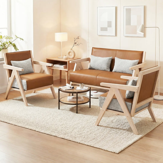Mid-Century Modern Accent Chair Artificial Leather Sofa Chair with Rubber Wood Frame