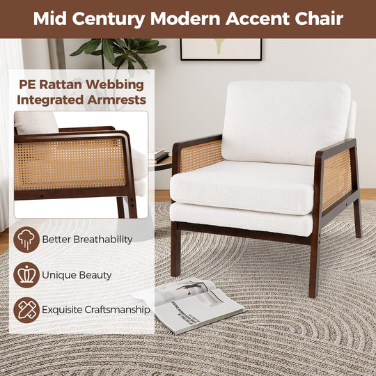 Mid Century Modern Accent Chair with Rattan Arms and Cushion