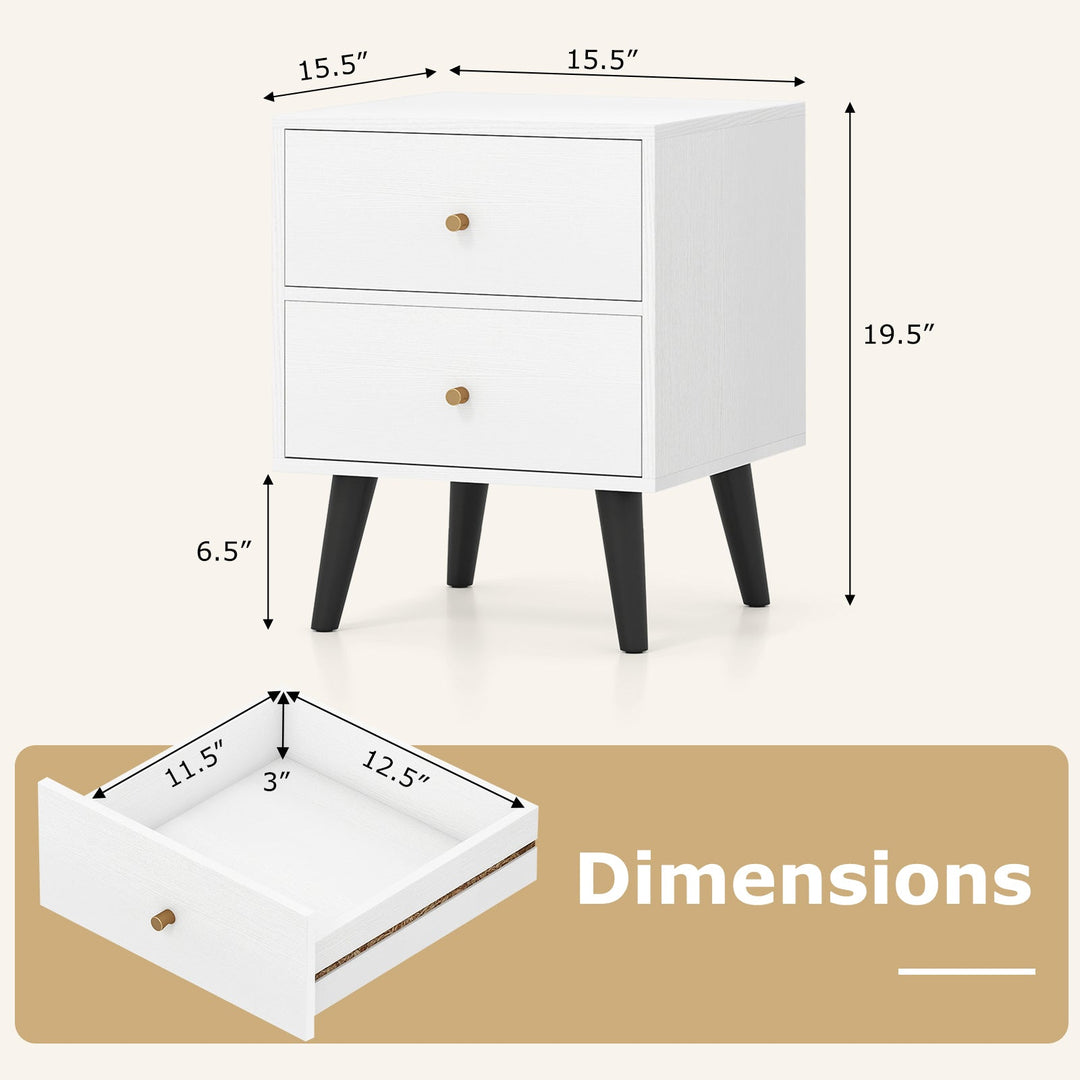 Mid Century Modern Bedside Table Nightstand with Golden Knobs and Raised Support Legs-White