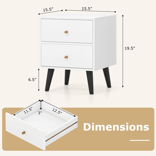Mid Century Modern Bedside Table Nightstand with Golden Knobs and Raised Support Legs-White