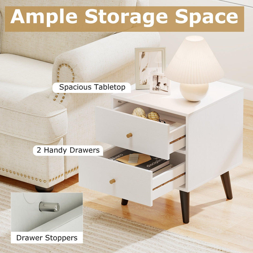 Mid Century Modern Bedside Table Nightstand with Golden Knobs and Raised Support Legs-White