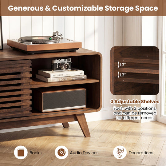 Mid Century Modern Entertainment Center with Grille-style Sliding Doors for Living Room