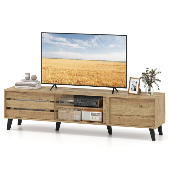 Mid Century Modern TV Stand for 80 Inch TVs with Sliding Door Cabinets and Storage Shelves-Oak