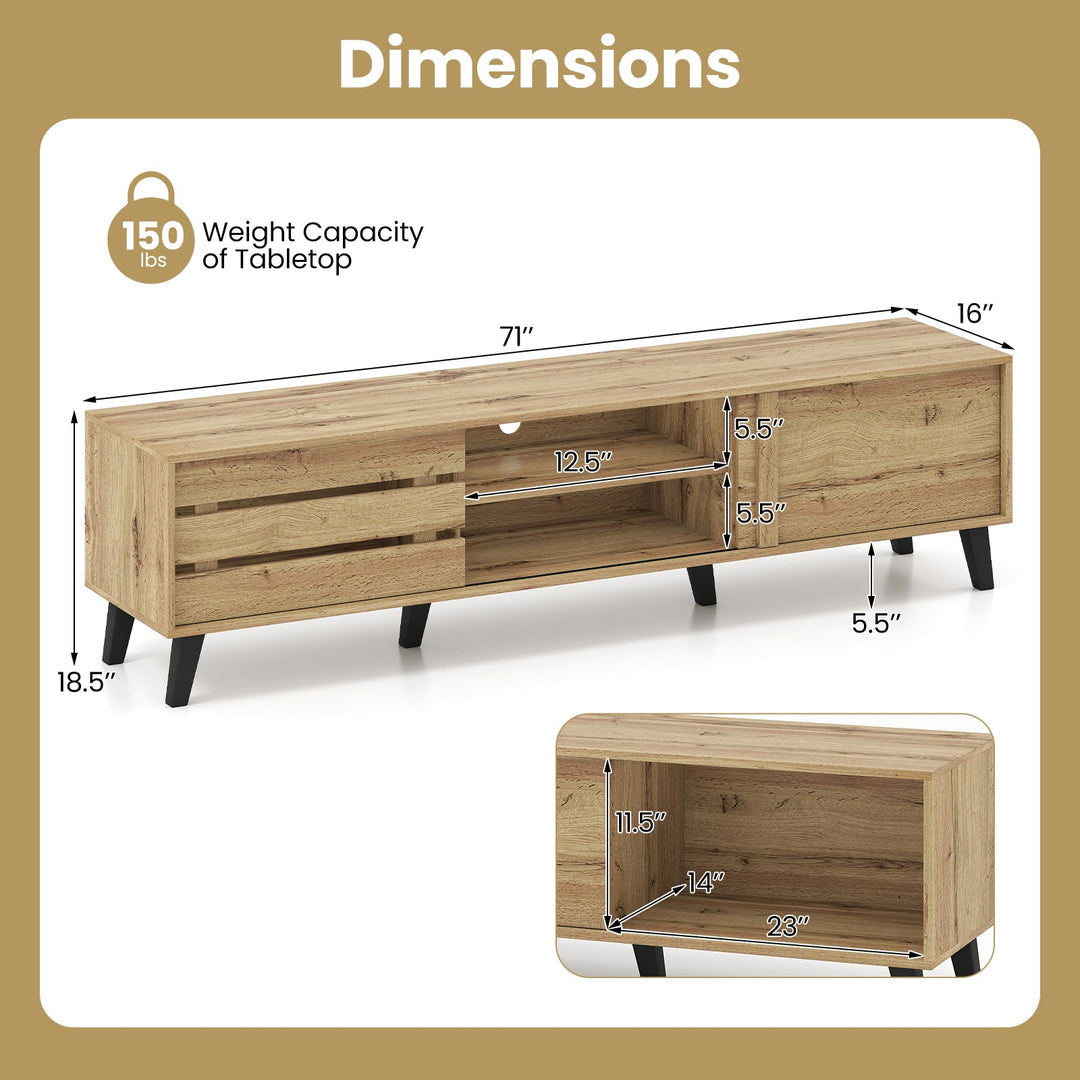 Mid Century Modern TV Stand for 80 Inch TVs with Sliding Door Cabinets and Storage Shelves-Oak
