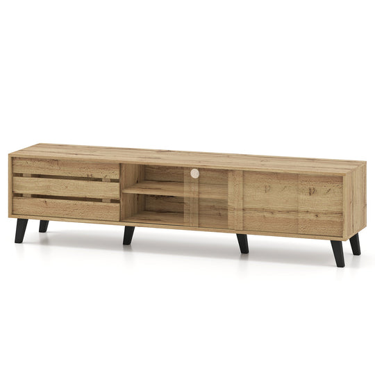 Mid Century Modern TV Stand for 80 Inch TVs with Sliding Door Cabinets and Storage Shelves-Oak