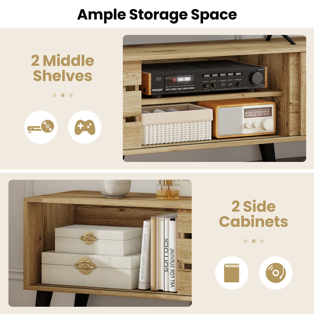 Mid Century Modern TV Stand for 80 Inch TVs with Sliding Door Cabinets and Storage Shelves-Oak