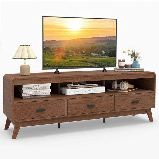 Mid Century Modern TV Stand for TVs up to 70" with 3 Storage Drawers and Open Shelves-Walnut