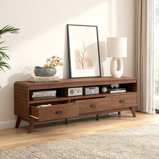 Mid Century Modern TV Stand for TVs up to 70" with 3 Storage Drawers and Open Shelves-Walnut