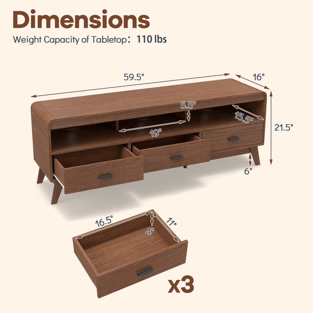Mid Century Modern TV Stand for TVs up to 70" with 3 Storage Drawers and Open Shelves-Walnut