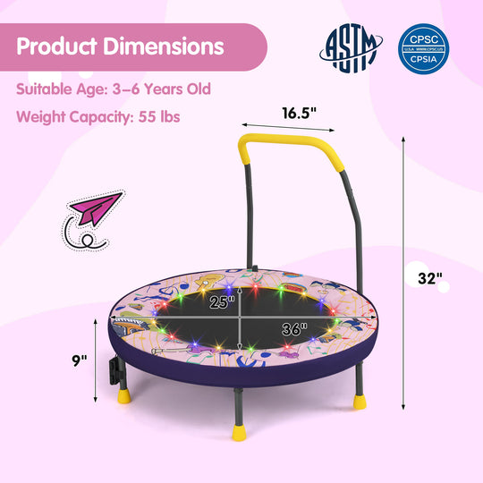 Mini Trampoline Folding Small Rebounder for Kids with Lights-Pink